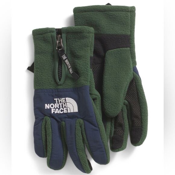 TNF M-XL Denali Pine Needle Green Navy Black White Logo Etip Zip Fleece Gloves - Picture 1 of 7